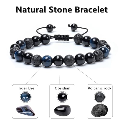 SAMXY Triple Protection Bracelet, 8mm Healing Crystal Bead Bracelet, 3pcs Blue Red Tiger's Eye Obsidian Hematite Bracelet Women Men - color: 3pcs-Blue