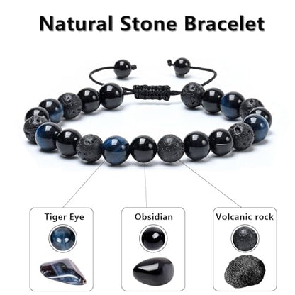 SAMXY Triple Protection Bracelet, 8mm Healing Crystal Bead Bracelet, 3pcs Blue Red Tiger's Eye Obsidian Hematite Bracelet Women Men - color: 3pcs-Blue