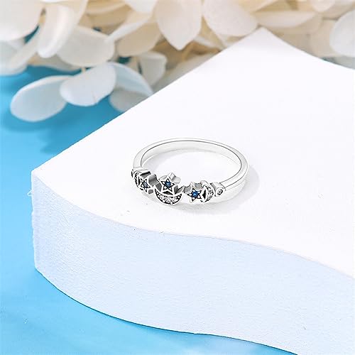 KUNSIR 925 Silver Cubic Zirconia Ring Size 7-9 Wedding Band Sterling Silver Eternity Ring Modern Style - style: Blue Star-moon Ring