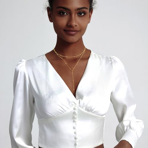 Zeffy Lariat Gold Necklace for Women, Dainty Long Necklace 14k Gold/Silver Plated Layered CZ Beaded Bar Chain Y-Shaped Body Chain Stack Drop Wedding Necklace Trendy Simple Gold Jewelry Gifts - color: Gold Bead Y Necklace (1PCS)