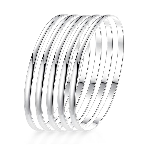 Fashion Shiny Thin Round Stainless Steel Bangle Bracelets for Women (1/3/5/8 Set) - style: Flat-5 Set