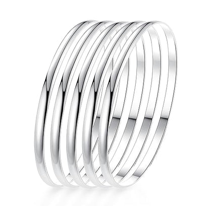 Fashion Shiny Thin Round Stainless Steel Bangle Bracelets for Women (1/3/5/8 Set) - style: Flat-5 Set