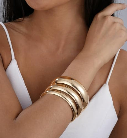 Chunky Gold Bangle Bracelets for Women, Dainty 14k Gold Plated Big Stackable Bangles Set, Trendy Statement Cuff Bracelet Stack Fashion Jewelry Gifts - style: 3 Thick gold bangles