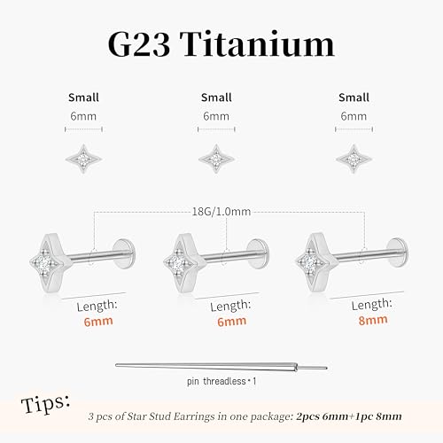 Flat Back Stud Cartilage Earrings Tragus Helix Piercing Jewelry Titanium | Conch Nose Piercing,Small Tiny Studs for Women,Threadless/Internally Threaded,Surgical Steel,Hypoallergenic,16G/18G/20G - color: Silver01-Star (6mm*2+8mm*1), size: Threadless-18G(1