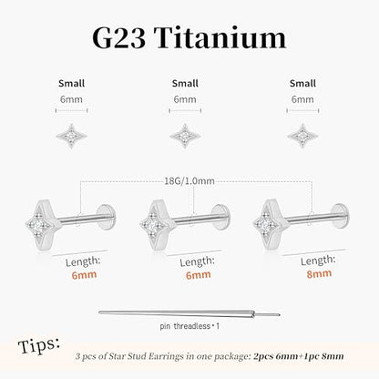 Flat Back Stud Cartilage Earrings Tragus Helix Piercing Jewelry Titanium | Conch Nose Piercing,Small Tiny Studs for Women,Threadless/Internally Threaded,Surgical Steel,Hypoallergenic,16G/18G/20G - color: Silver01-Star (6mm*2+8mm*1), size: Threadless-18G(1