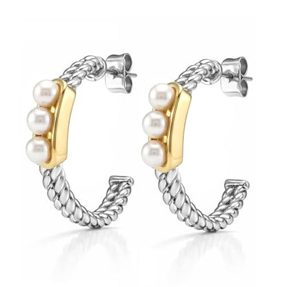 Two Tone Hoop Earrings with Pearl for Women | Gold Plated Pearl Hoop Earrings for Women | Silver Twisted C Hoops Earring | 14K Yellow Gold & Silver Beaded Hoop Earring Jewelry