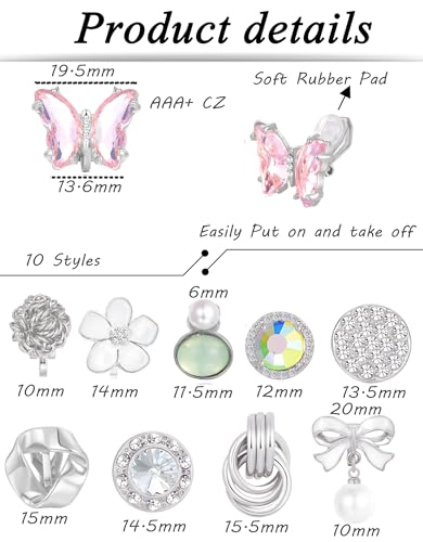 Tornito 10-15 Pairs Clip on Stud Earrings Non Pierced Teardrop Round Square CZ Pearl Twist Knot Flower Butterfly Heart Star Rainbow Cat Opal Clip on Earrings for Women - color: J:10 Pairs Silver Tone