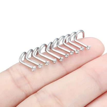 Nose Studs Surgical Steel Nose Rings Studs with Cubic Zirconia 10Pcs Tiny Nostril Rings for Women Screw Bone and L-Shaped Nostril Piercing Jewelry 24G 22G 20G 18G - color: silvertone,screw nose studs, size: 18g,1.5mm Clear CZ
