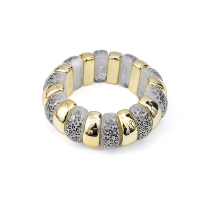 GOOJIDS Simple Beaded Gold Plated Bangles Bracelet Chunky Bamboo Tube Curved Stacking Clear Acrylic Colorful Beads Stretchable Gold Plated Bracelets Set For Women - color: B-Gold&White Leopard