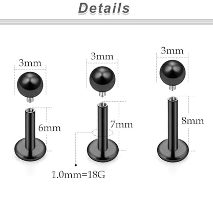 20G 18G 16G 14G 12G Lip Labret Medusa Monroe Rings Studs 316L Surgical Steel Flat Back Tragus Helix Cartilage Earring Stud Piercing Jewelry Bar Length 8mm 10mm 12mm Mix Color 18PCS - color: Black, size: 18G(1.0mm)-6/7/8mm Bars-3mm Balls