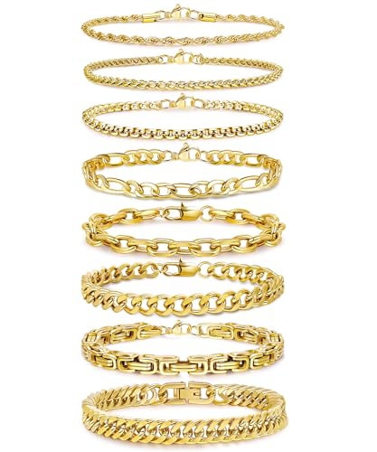 REVOLIA 8Pcs Stainless Steel Chain Bracelets for Men Women Cuban Link Bracelets Paperclip Figaro Rope Chain Bracelets Set 6.8-9 Inches - color: Gold
