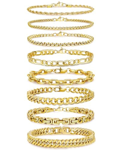 REVOLIA 8Pcs Stainless Steel Chain Bracelets for Men Women Cuban Link Bracelets Paperclip Figaro Rope Chain Bracelets Set 6.8-9 Inches - color: Gold