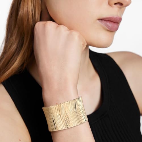 HZMAN Chunky Gold Cuff Bracelets for Women Thick Wide Bangle Bracelet Hammered Open Hinge Wrist Cuff Bracelet Jewelry Gift - color: 07.Striped 8In Gold