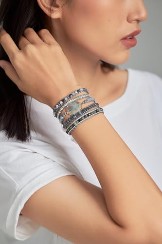 Bracelet for Women – Handmade Vegan Boho Natural Stone Layered Bracelet, Thailand Bohemian Stackable Beaded Wrap Bracelets, Summer Hippie Bracelet Stack, Fashion Jewelry Gifts - color: A30-Space Gray