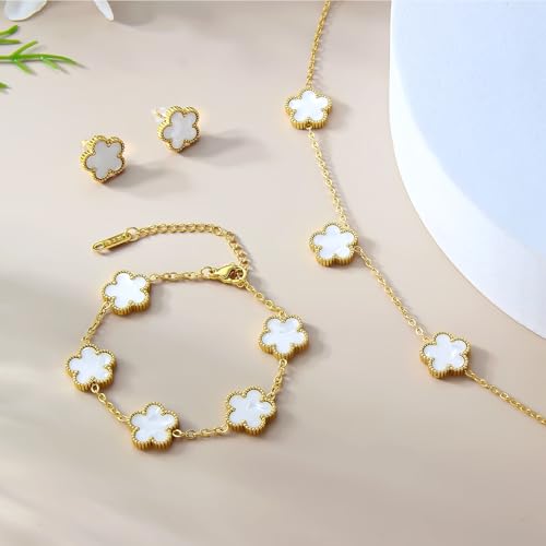 AmorArtSky Lucky Clover Jewelry Set - 18K Gold Plated Flower Design Five Leaf Bracelet, Necklace Pendant, Earrings for Women - Lucky Gifts for Mom, Wife, Daughter, Friends - style: Lucky Clover Jewelry Sets_White
