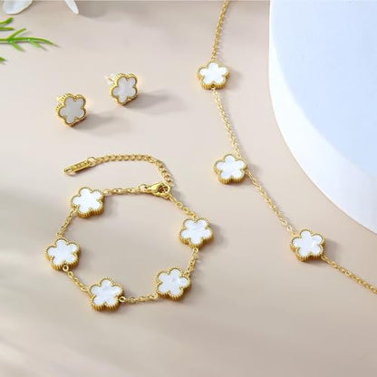 AmorArtSky Lucky Clover Jewelry Set - 18K Gold Plated Flower Design Five Leaf Bracelet, Necklace Pendant, Earrings for Women - Lucky Gifts for Mom, Wife, Daughter, Friends - style: Lucky Clover Jewelry Sets_White