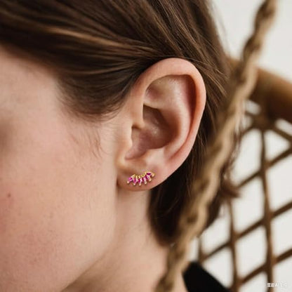 Curved CZ Crawler Ear Climber Cartilage Earrings Helix Conch Tragus Piercing Silver Stud Gold Colorful Cubic Zirconia Jewelry - color: Gold Red CZ