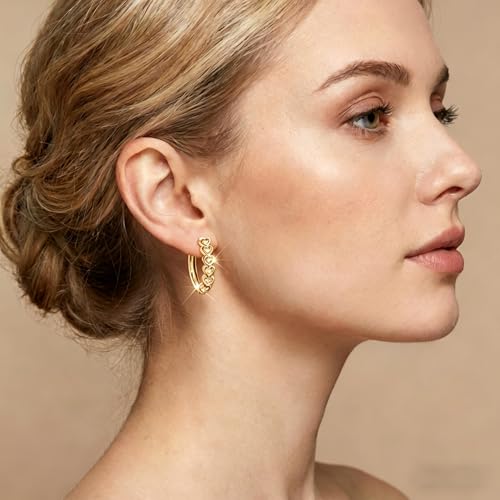 Women's 925 Sterling Silver Earrings -14mm, Exquisite White Heart Hoop Earrings With Sparkling Cubic Zirconia, Lightweight Hypoallergenic, Fashion Cute Jewelry Gift, Daily And Party Wear - color: Gold