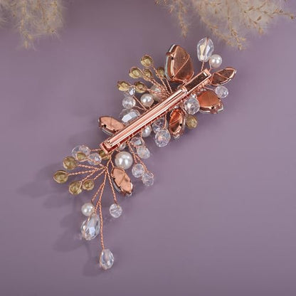 Teyglen Bridal Rhinestone Hair Clip Rose Gold Pearl Crystal Hair Barrette Sparkly Hair Piece Wedding Hair Clips Hair Accessories Jewelry for Women (Rose gold) - color: Rose gold