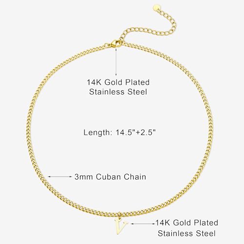 Gold Initial Necklace for Women, 3mm Cuban Link Letter Necklace, 14.5"+2.5" Adjustable Choker, Gold Plated A-Z Alphabet Pendant Necklace, Personalized Jewelry Gift for Her - style: V