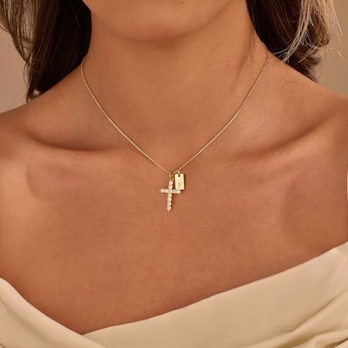 Cross Initial Necklace for Women Non Tarnish 18K Gold Plated Initial Letter A-Z Pendant Necklaces with Cubic Zirconia Cross Christian Faith Necklace Jewelry Gifts for Women - color: F