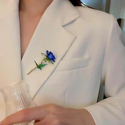 Enamel Rose Flower Brooch Pin for Women Girls Men Alloy Fashion Gold Green Leaf Blossom Brooches Lapel Pins Dainty Dress Accessories Jewelry Boutonniere Corsage for Hat Bag Suit Tie Wedding Birthday Anniversary Father(Blue)