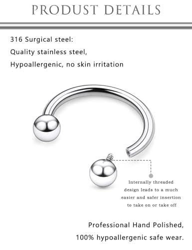 Hoeudjo Internally Threaded Septum Rings 16G Surgical Steel Horseshoe Septum Jewelry Lip Ring 8mm 10mm with Replacement Balls Ball Grabber Tool Smiley Piercing Jewelry for Women Men - color: silvertone