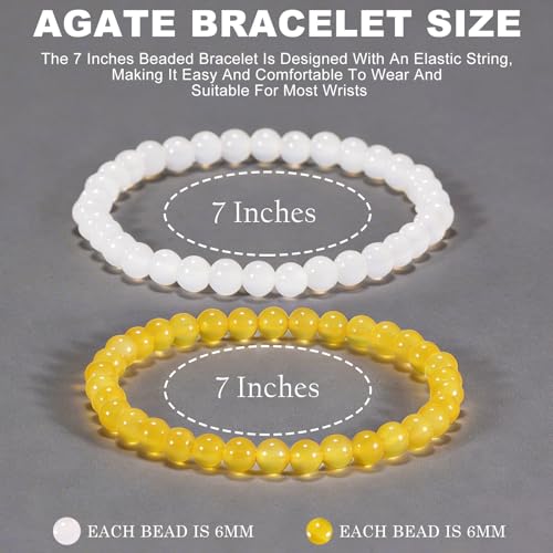 2PCS Agate Bracelet for Women Men Natural Round Beaded Agates Stone Healing Stretch Bracelets Elastic Handmade Polished Gemstone Beads Bracelet - color: White+Yellow, size: 6mm Beads