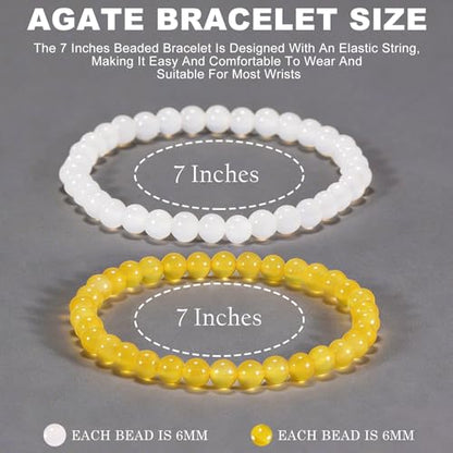 2PCS Agate Bracelet for Women Men Natural Round Beaded Agates Stone Healing Stretch Bracelets Elastic Handmade Polished Gemstone Beads Bracelet - color: White+Yellow, size: 6mm Beads