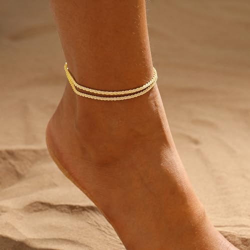 ASCOMY Ankle Bracelets for Women 14K Gold/Silver Plated Anklets for Women Waterproof Layered Cute Beads Dot Shining Twist Rope Chain Pearl Bar Link Heart Anklets Summer Beach Foot Chain Jewelry Gifts - style: Sparkling Twist Rope-GD