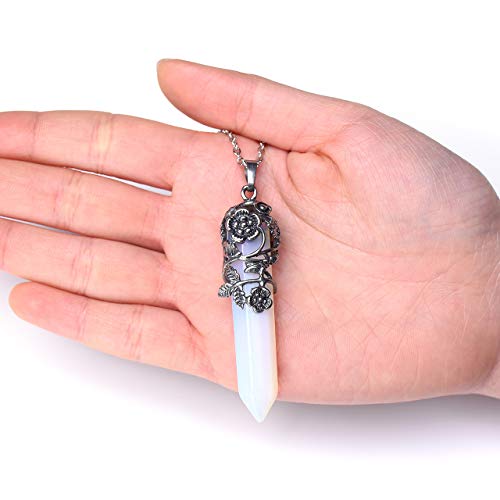Top Plaza Flower Wrapped Natural Opalite Crystal Necklace | Antique Silver Healing Crystal Gemstone Necklaces for Women Mothers Day Mom Gifts - color: Synthetic Opalite