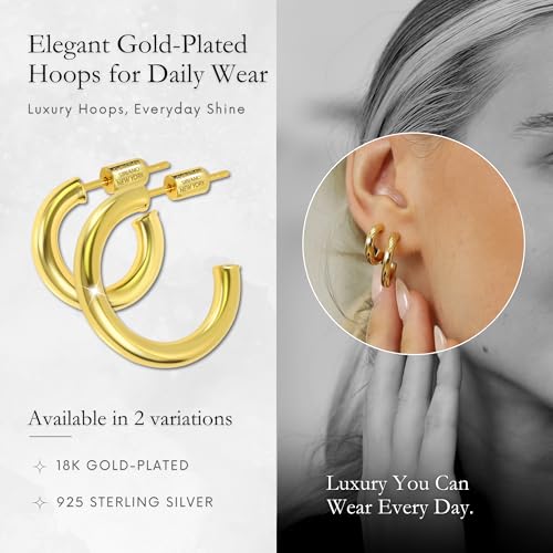Small Gold Hoop Earrings for Women | 18K Gold Plated Non Tarnish Hoops, Classic Polished Huggie Earrings, 925 Sterling Silver Base, Twist Hoop. (4x20mm & 4x25mm, 3x15mm & 3x20mm) - color: Gold, size: Polish Hoop (3x15mm & 3x20mm)