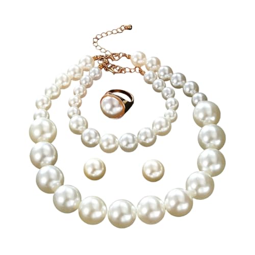 Large Big Simulated Pearl Adjustable Chain Necklace Bracelet Dangling Earrings Ring for Women Jewelry Set Imitation Dainty Elegant Wedding Party Birthday - color: white