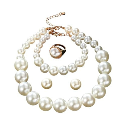 Large Big Simulated Pearl Adjustable Chain Necklace Bracelet Dangling Earrings Ring for Women Jewelry Set Imitation Dainty Elegant Wedding Party Birthday - color: white