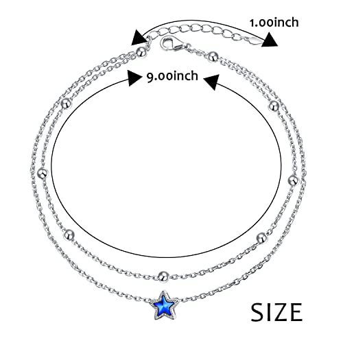 DAOCHONG Double Foot Chain Layer Ankle Bracelets for Women S925 Sterling Silver 3 Blue Stars Beads Chain Double Layer Anklet Beach Jewelry Anklet 9+1.5 inches - style: 01_One Star
