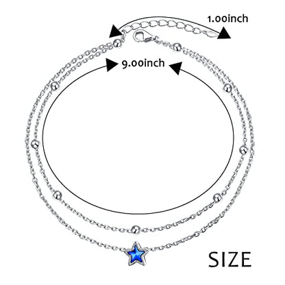 DAOCHONG Double Foot Chain Layer Ankle Bracelets for Women S925 Sterling Silver 3 Blue Stars Beads Chain Double Layer Anklet Beach Jewelry Anklet 9+1.5 inches - style: 01_One Star