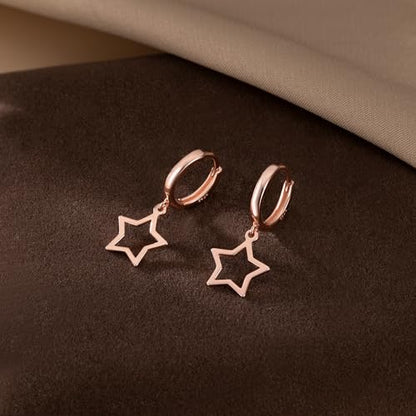 Reffeer Solid 925 Sterling Silver Star Hoop Dangle Earrings for Women Teen Girls Star Drop Earrings Huggie - color: C-Rose
