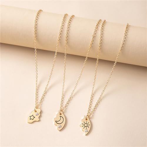3pcs Friendship Moon Sun Star Puzzle Matching Necklace Set Gold Silver Plated Cute Crescent Round Circle Geometric Best Friend BFF Pendant Necklace for 3 Women Sisters Daughter Birthday Jewelry Gifts - color: Gold