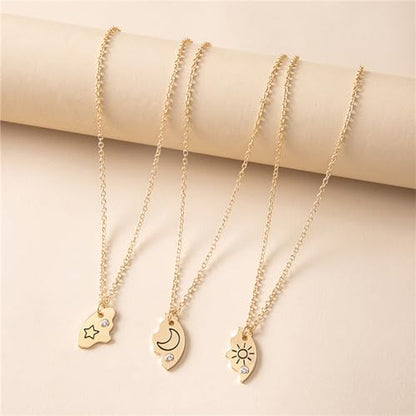 3pcs Friendship Moon Sun Star Puzzle Matching Necklace Set Gold Silver Plated Cute Crescent Round Circle Geometric Best Friend BFF Pendant Necklace for 3 Women Sisters Daughter Birthday Jewelry Gifts - color: Gold