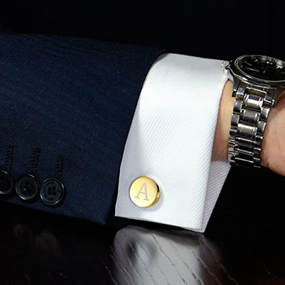 LOYALLOOK Black Initial Cufflinks and Tie Clip Set for Men Personalized Copper Cuff links and Tie Bar Letter Alphabet A-Z Gift for Father Husband Valentine Gifts for Men - color: A