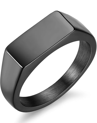 Stainless Steel Signet Ring - 316L Mens Finger Ring for Men Women - Rhodium Plated Cool Band Ring Jewelry for Father Husband Son Friend - color: Cushion-Black Rhodium Plated, size: 10
