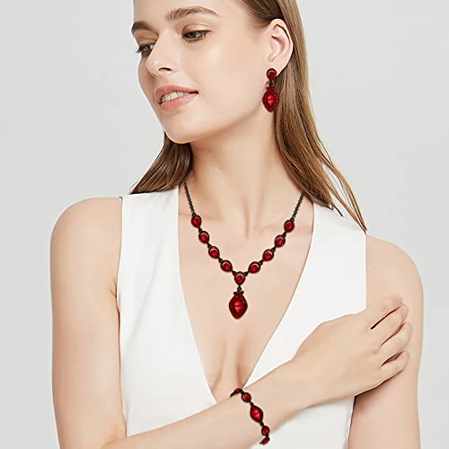 EVER FAITH Bridal Wedding Crystal Marquise Teardrop Pendant Necklace Earrings Bracelet Set for Prom - color: Red Black-Tone