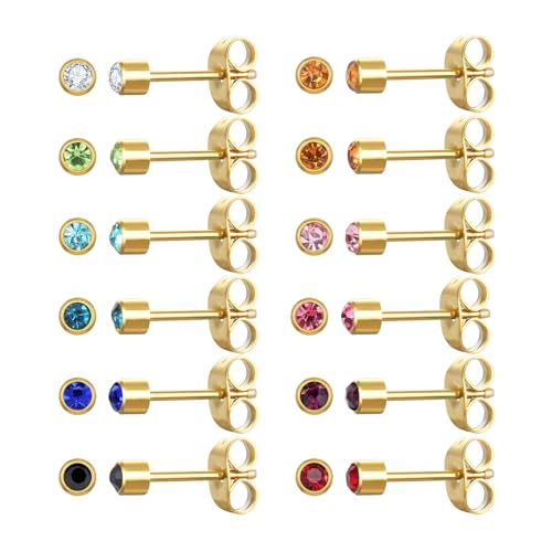 12 Pairs Surgical Stainless Steel Cubic Zirconia Birthstone Stud Earrings Heart Star Round Multicolors Stud Earrings Set for Women - style: Gold round 3mm