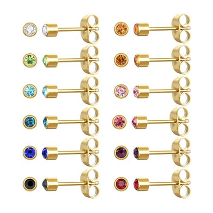 12 Pairs Surgical Stainless Steel Cubic Zirconia Birthstone Stud Earrings Heart Star Round Multicolors Stud Earrings Set for Women - style: Gold round 3mm