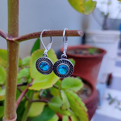 Handmade Sterling Silver Boho Crystal Dangle Leverback Earrings For Women - color: Turquoise