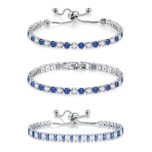 4 Pcs Tennis Bracelet Set Silver Plated Marquise Cubic Zirconia CZ Diamond Dainty Adjustable Silver Bracelets for Women Brides Stackable Fashion Jewelry Wedding Prom Gift - color: Blue-3PCS Tennis Bracelet Set