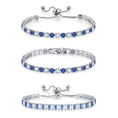4 Pcs Tennis Bracelet Set Silver Plated Marquise Cubic Zirconia CZ Diamond Dainty Adjustable Silver Bracelets for Women Brides Stackable Fashion Jewelry Wedding Prom Gift - color: Blue-3PCS Tennis Bracelet Set