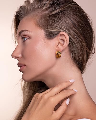 Small Twist Interlock Chunky 18K gold plated Gemstone Natural Stone (Brown, Green, Pink, White) Statement Earrings for Women by SNGIA, Dainty Love Knot Tiger Eye Amber Jade Tourmaline Bold Handmade Exaggerated Dome Retro Rounded Button Half Ball Trendy Bo