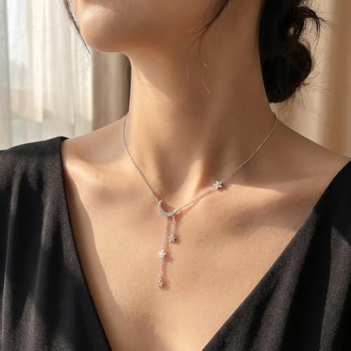 Silver Crescent Moon & Star Lariat Necklace for Women,Cubic Zirconia Draping Stars Charms Y-Necklace,Dainty Celestial Jewelry,Moon Star Necklaces for Birthday,Anniversary & Everyday Wear
