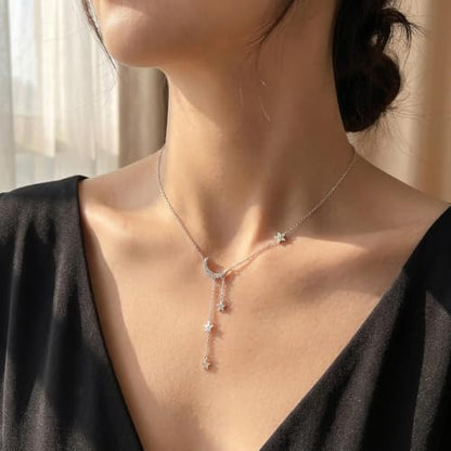 Silver Crescent Moon & Star Lariat Necklace for Women,Cubic Zirconia Draping Stars Charms Y-Necklace,Dainty Celestial Jewelry,Moon Star Necklaces for Birthday,Anniversary & Everyday Wear